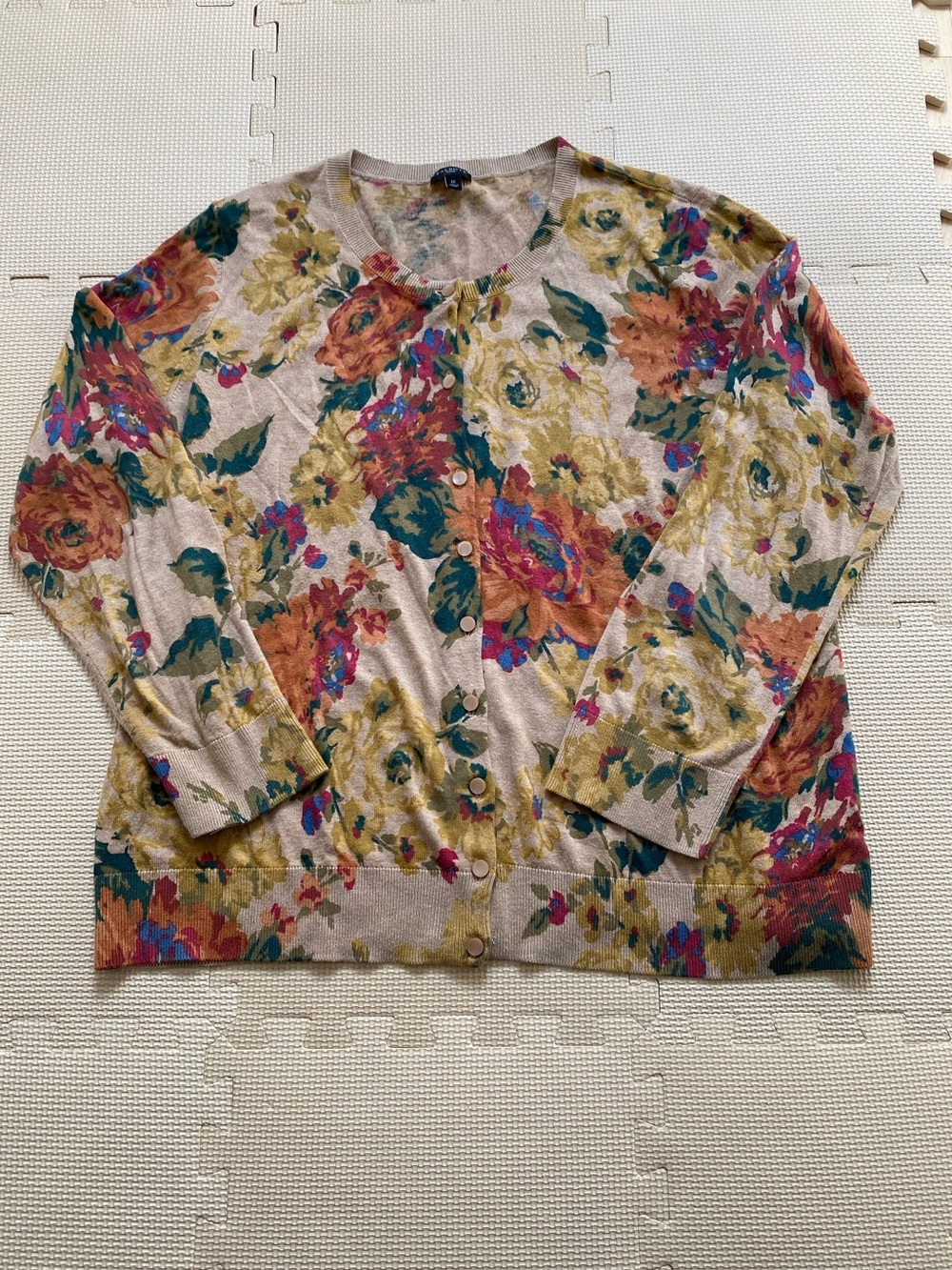 Talbots Beige Floral Button-Front Cardigan with Multicolor Blooms Size 1X